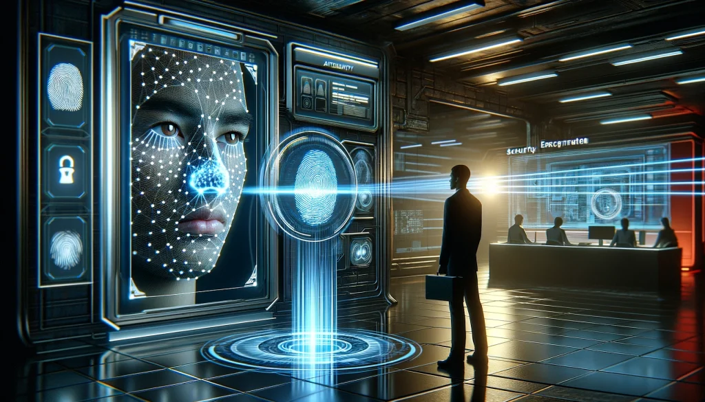 Depict a futuristic biometric authentication process in a sleek, modern setting. The scene shows a user standing before a sophisticated security device that projects a holographic interface in the air. The interface is scanning the user's fingerprint, iris, and facial features, with glowing lines and patterns moving across the user's hand and face, indicating the scanning process. The background includes a digital display showing the authentication progress, with secure, encrypted data transmissions visualized as streams of light connecting the user's biometric data to a secure server. The atmosphere is one of advanced technology and high security, emphasizing the importance of biometric authentication in ensuring individual privacy and data protection.