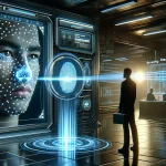 Depict a futuristic biometric authentication process in a sleek, modern setting. The scene shows a user standing before a sophisticated security device that projects a holographic interface in the air. The interface is scanning the user's fingerprint, iris, and facial features, with glowing lines and patterns moving across the user's hand and face, indicating the scanning process. The background includes a digital display showing the authentication progress, with secure, encrypted data transmissions visualized as streams of light connecting the user's biometric data to a secure server. The atmosphere is one of advanced technology and high security, emphasizing the importance of biometric authentication in ensuring individual privacy and data protection.