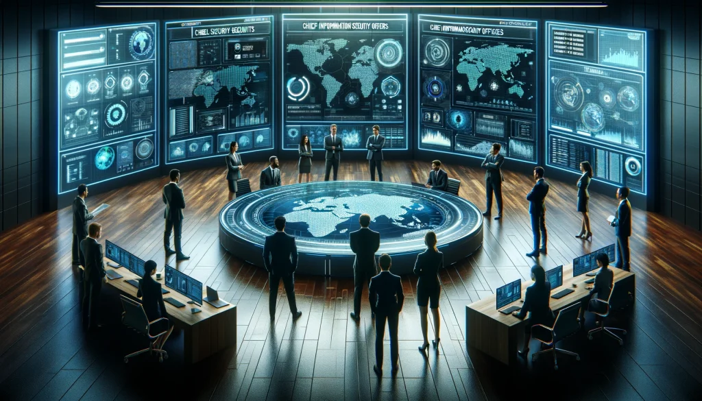 Visualize a group of Chief Information Security Officers (CISOs) in a modern, high-tech command center overseeing cybersecurity operations. The scene includes diverse professionals dressed in smart business attire, standing and sitting around a large, oval digital table. The table displays real-time data about network security, threat intelligence, and system vulnerabilities. Large screens on the walls show global cybersecurity alerts and the status of various security measures. The CISOs are actively engaged in discussion, strategizing on how to enhance their organizations' digital security posture. The atmosphere conveys seriousness and the high stakes of protecting against cyber threats in a global digital landscape.