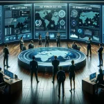 Visualize a group of Chief Information Security Officers (CISOs) in a modern, high-tech command center overseeing cybersecurity operations. The scene includes diverse professionals dressed in smart business attire, standing and sitting around a large, oval digital table. The table displays real-time data about network security, threat intelligence, and system vulnerabilities. Large screens on the walls show global cybersecurity alerts and the status of various security measures. The CISOs are actively engaged in discussion, strategizing on how to enhance their organizations' digital security posture. The atmosphere conveys seriousness and the high stakes of protecting against cyber threats in a global digital landscape.