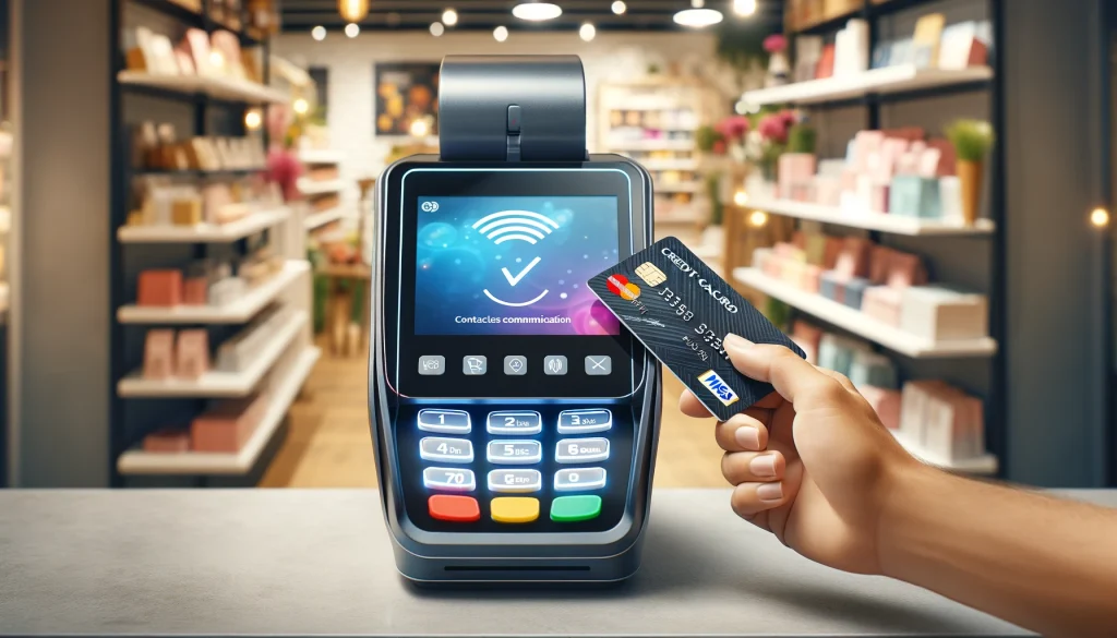 Showcase a modern credit card payment machine in a retail setting. The scene depicts a sleek, state-of-the-art payment terminal on a store counter, with a customer hand holding a credit card near the machine's NFC (Near Field Communication) area for a contactless payment. The display screen on the machine confirms the payment is being processed, showing a checkmark or a message indicating a successful transaction. In the background, colorful products are displayed on shelves, creating a vibrant shopping environment. The focus is on the ease and security of the transaction, highlighting the technology's role in facilitating smooth, hassle-free purchases.