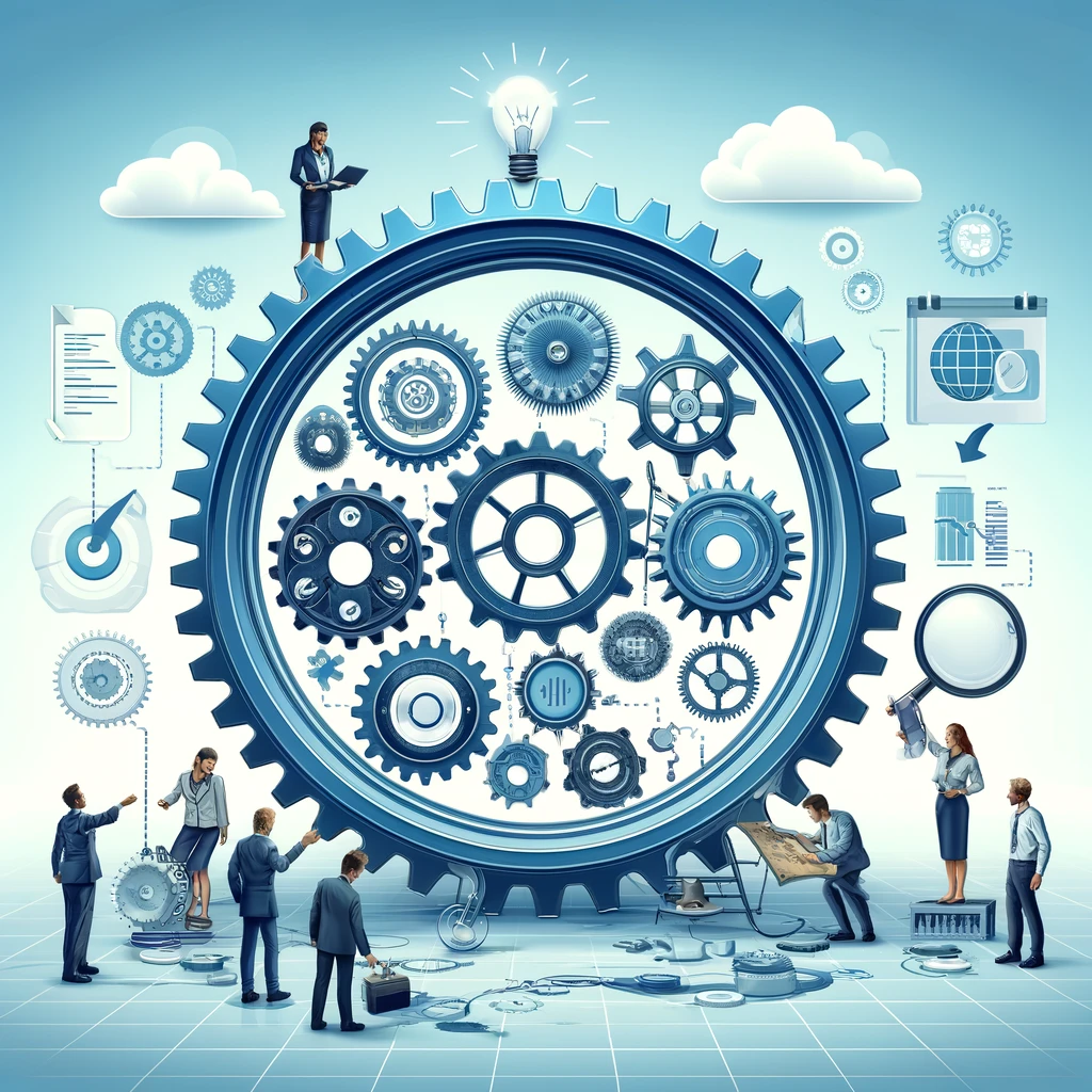 Design a stock image for a newsletter story focusing on root cause analysis and quality management. The image should depict a conceptual scene of professionals gathered around a large, transparent gear mechanism. Inside the gear, various smaller gears and symbols represent different aspects of a business operation, such as a light bulb for ideas, a checklist for quality control, and a magnifying glass for analysis. The professionals are using tools like magnifying glasses and wrenches to inspect and adjust the gears, symbolizing the process of identifying and solving root causes in quality management. This scene should convey a sense of teamwork, analysis, and problem-solving in a professional setting. The color scheme should be clean and modern, with blue tones to suggest precision and reliability. Size: 800x450 pixels.