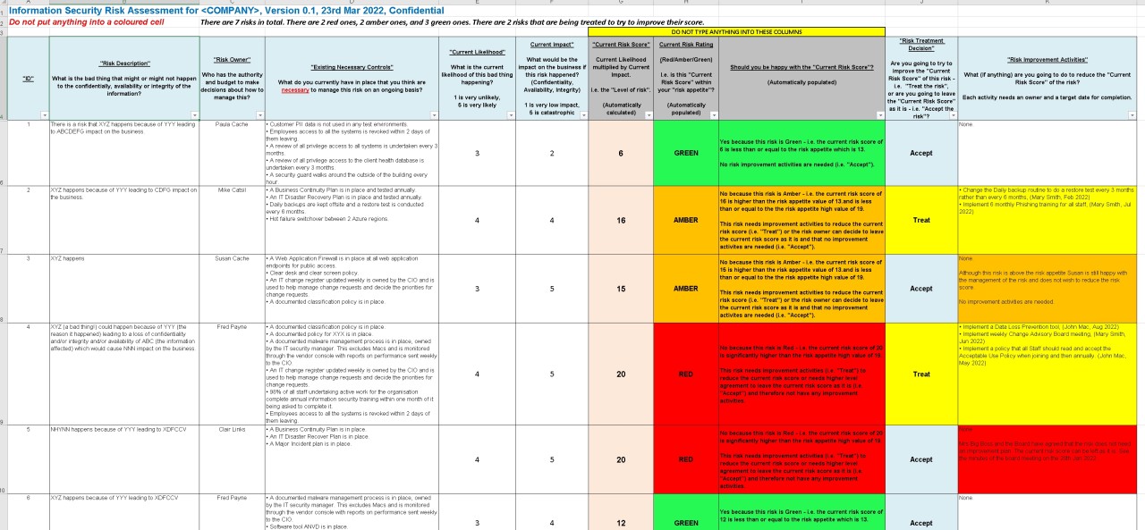 ISO27001 risk management and what a risk register could contain (Clause 6.1.2)